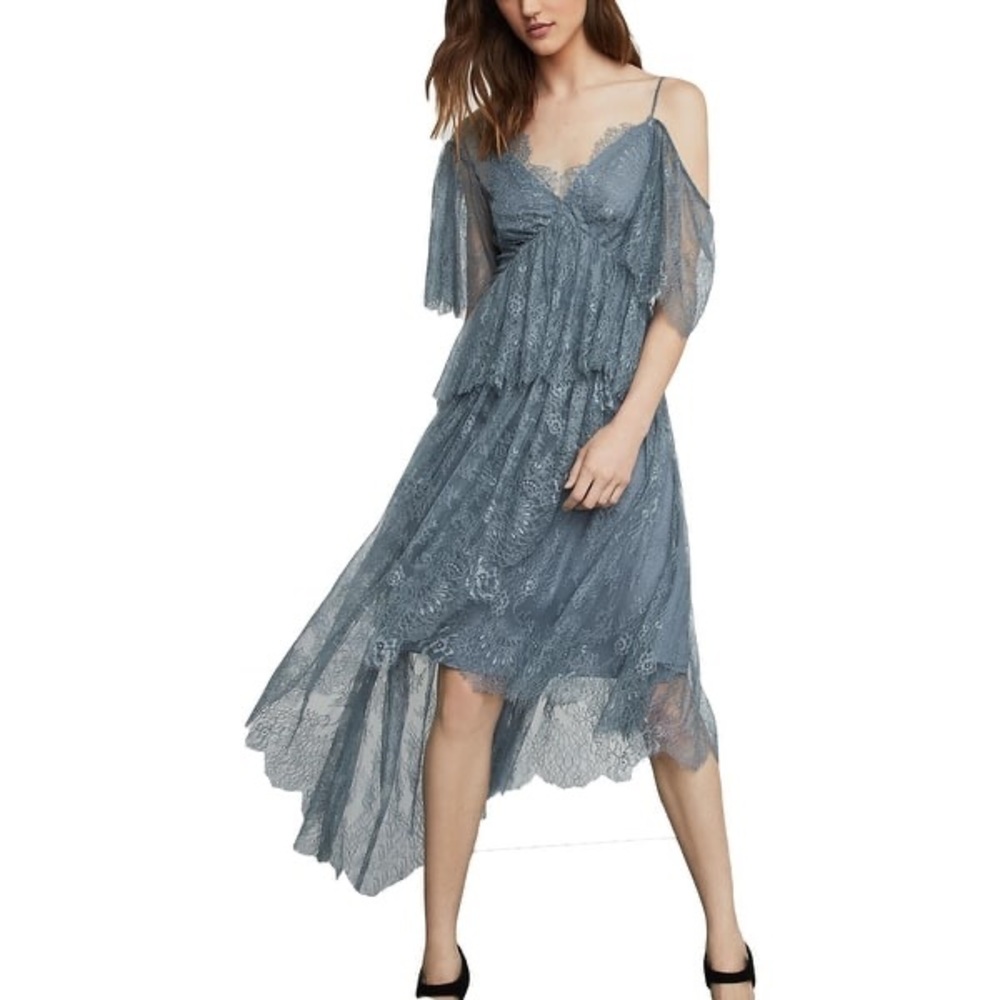 BCBG Blue Floral Lace Gown, high-low asymmetrical one shoulder dress NEW size 0